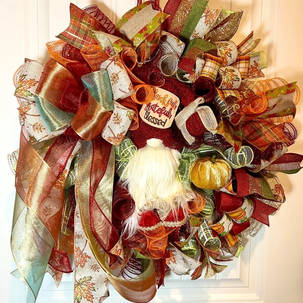 Autum Fall Ribbon Wreath Thankful Gnome Handmade 22 in’s. #W3